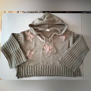 (NWOT) POL Star Patch Knit Hoodie Sweater Beige Boho Oversized Cable Sleeve
